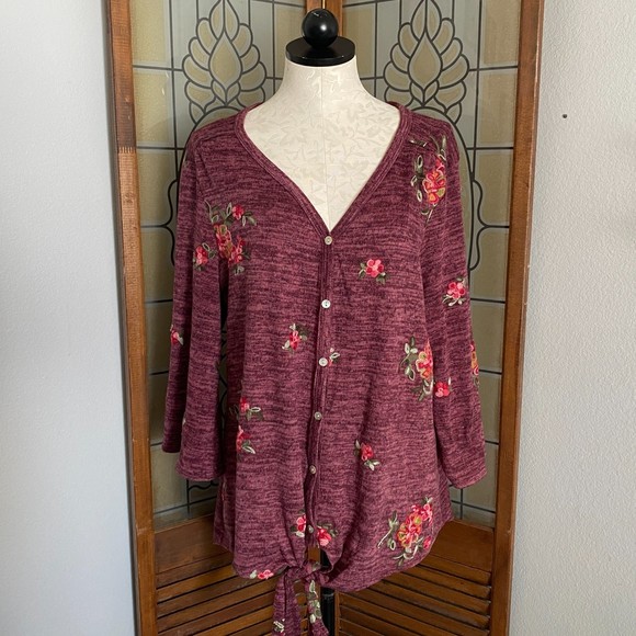 Anthropologie Tops - Anthropologie Fig & Flower Purple Embroidered Peasant Knit Top Blouse Size 2X